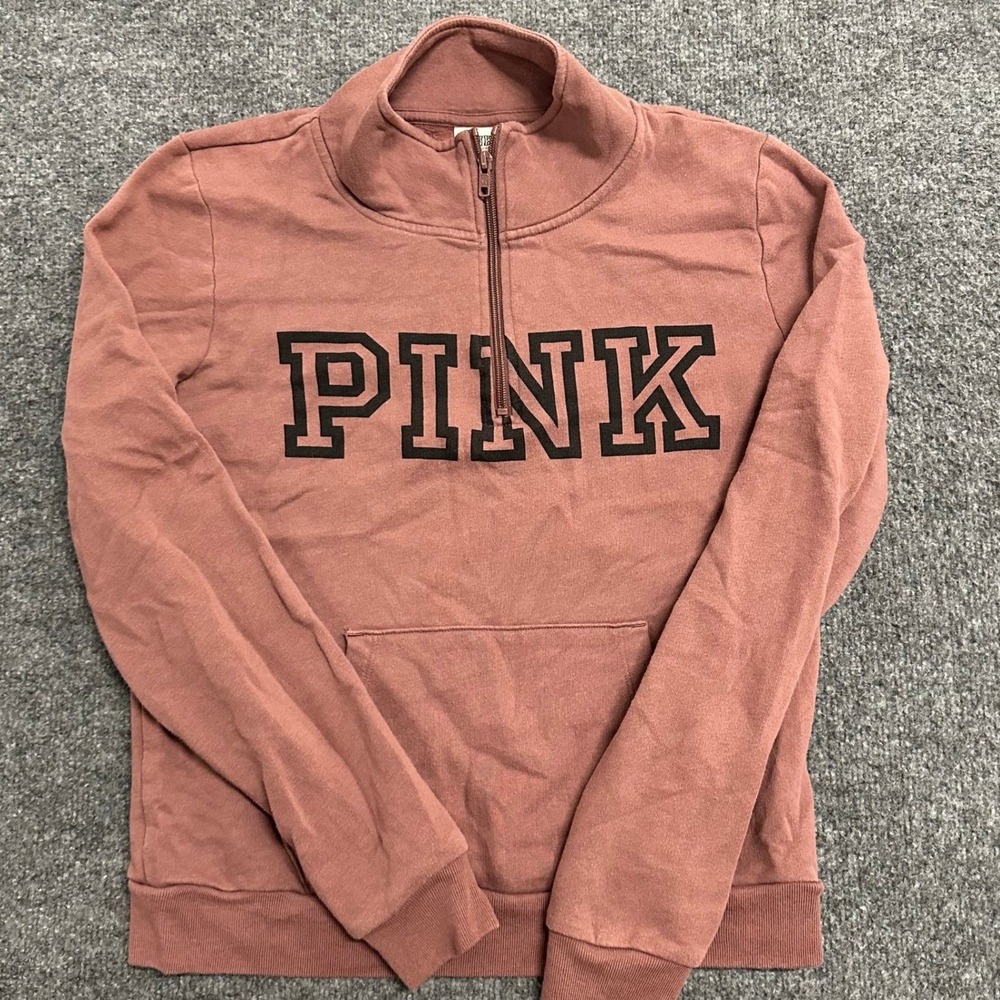 PINK Sweatshirt Womens Size M Mauve Quarter Zip Logo Pullover Kangaroo Pocket